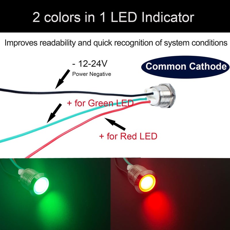 DMWD 2Pcs 12V-24V Metal LED Indicator Lights,12mm Waterproof Common Cathode Dual Color Led Signal Lamp, Red and Green LED in 1 with Wires to Indicate The Power Supply Status - Image 2